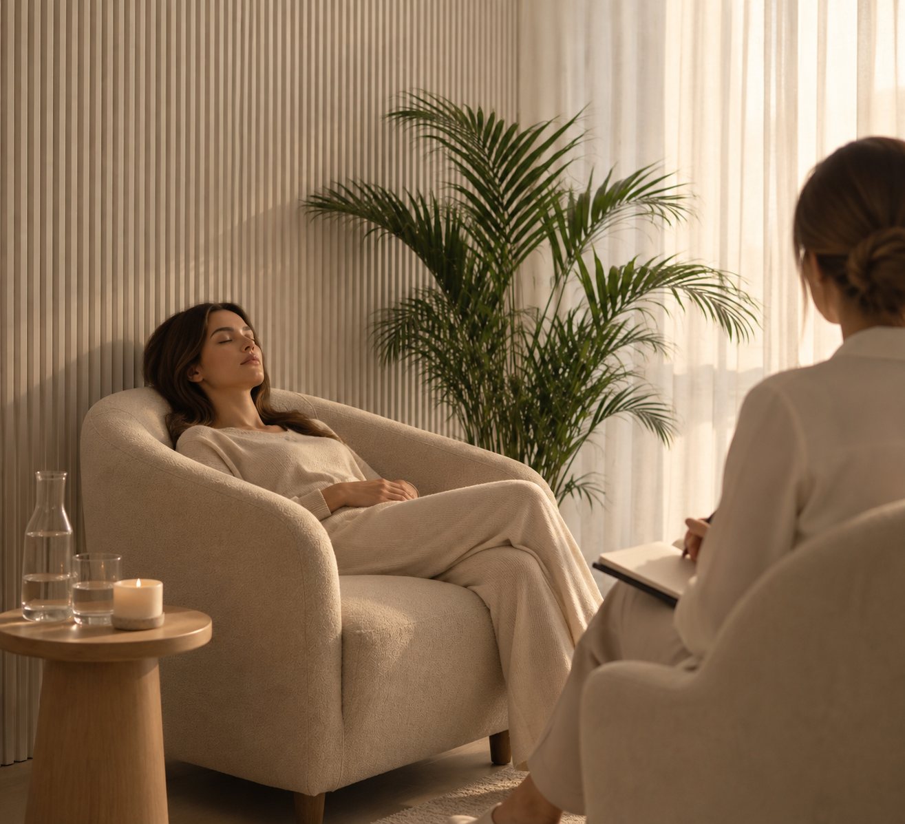 Image placeholder — quiet consultation corner, linen chair, soft shadow