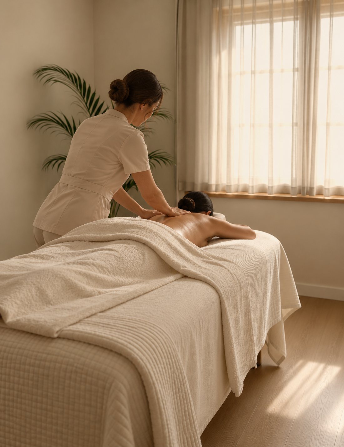 Image placeholder — massage treatment, linen, timber and warm oil