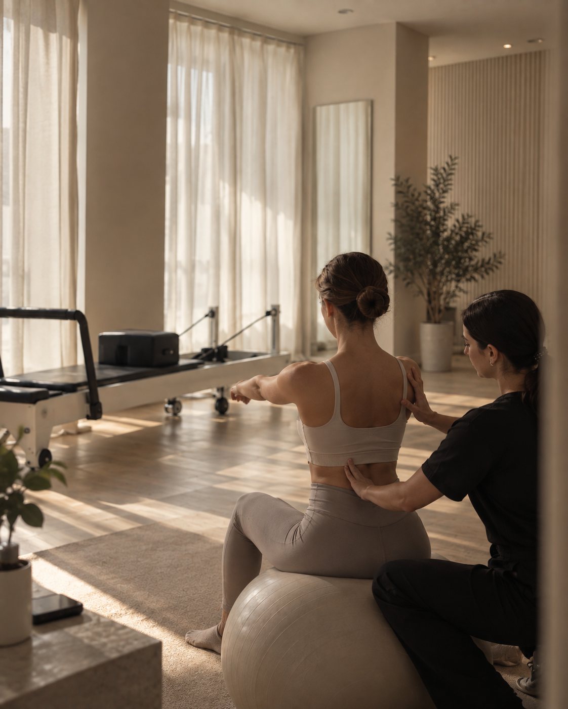 Healthcare professional guiding a client through a movement assessment