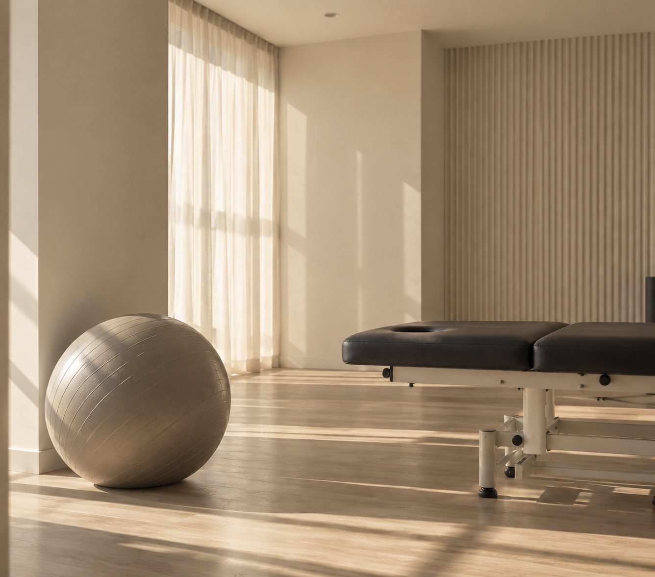 Image placeholder — clinical treatment table, beige attic light